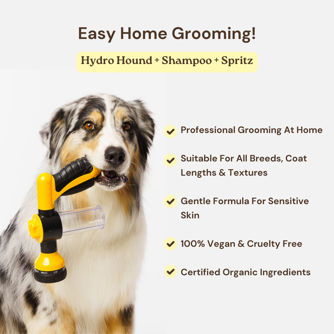 Bath Bundle for Dogs: Includes Hydro Hound, Conditioning Wash & Spritz. Achieve professional grooming results at home—quick, deep clean with a soft, shiny coat. Suitable for all breeds. Vegan, organic.