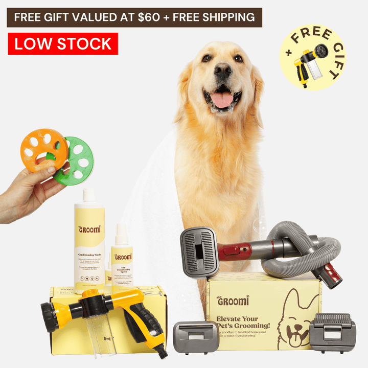 Discover the ultimate Groomi bundle! Includes the GROOMI Kit, Hydro Hound, Conditioning Wash, Spritz, Lick Mat. Enjoy up to 50% off, FREE shipping, and a bonus gift. This limited-time offer provides mess-free, quick, and gentle grooming suitable for all breeds. Vegan, organic, and designed to keep your pet calm and engaged. Shop now for professional results at home!