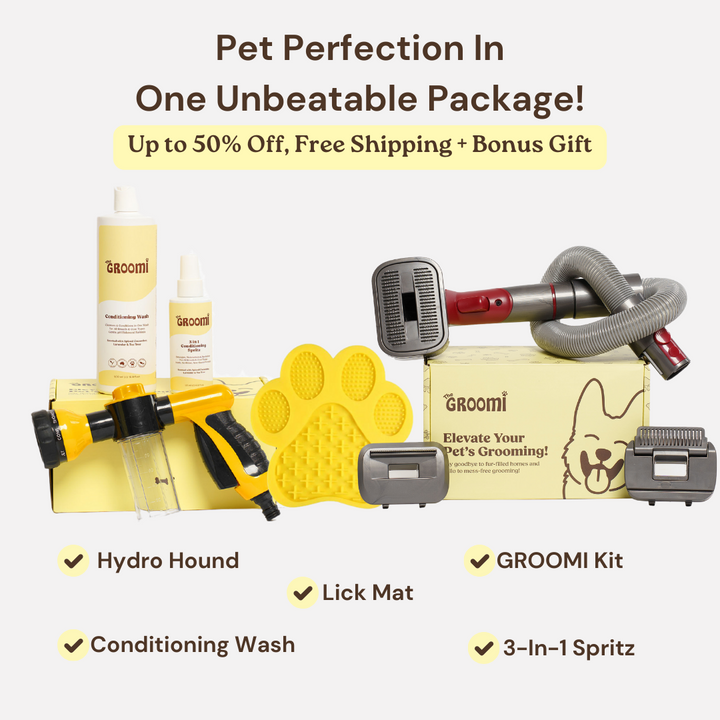 Discover the ultimate Groomi bundle! Includes the GROOMI Kit, Hydro Hound, Conditioning Wash, Spritz, Lick Mat. Enjoy up to 50% off, FREE shipping, and a bonus gift. This limited-time offer provides mess-free, quick, and gentle grooming suitable for all breeds. Vegan, organic, and designed to keep your pet calm and engaged. Shop now for professional results at home!