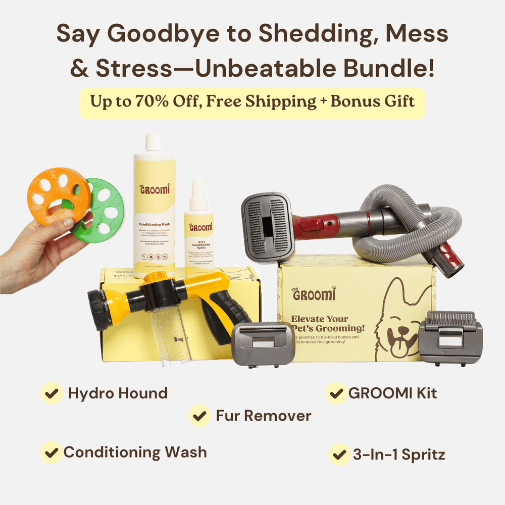 Discover the ultimate Groomi bundle! Includes the GROOMI Kit, Hydro Hound, Conditioning Wash, Spritz, Lick Mat. Enjoy up to 50% off, FREE shipping, and a bonus gift. This limited-time offer provides mess-free, quick, and gentle grooming suitable for all breeds. Vegan, organic, and designed to keep your pet calm and engaged. Shop now for professional results at home!