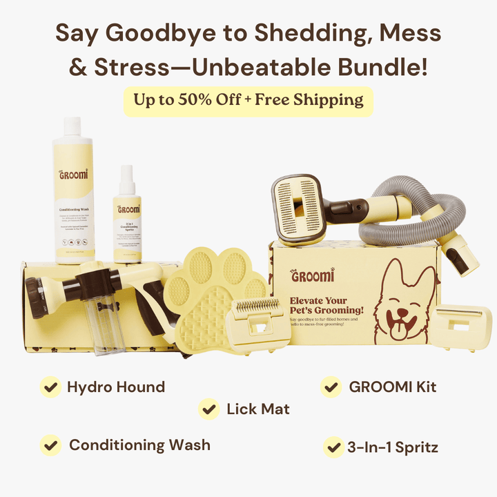 Discover the ultimate Groomi bundle! Includes the GROOMI Kit, Hydro Hound, Conditioning Wash, Spritz, Lick Mat. Enjoy up to 50% off, FREE shipping, and a bonus gift. This limited-time offer provides mess-free, quick, and gentle grooming suitable for all breeds. Vegan, organic, and designed to keep your pet calm and engaged. Shop now for professional results at home!