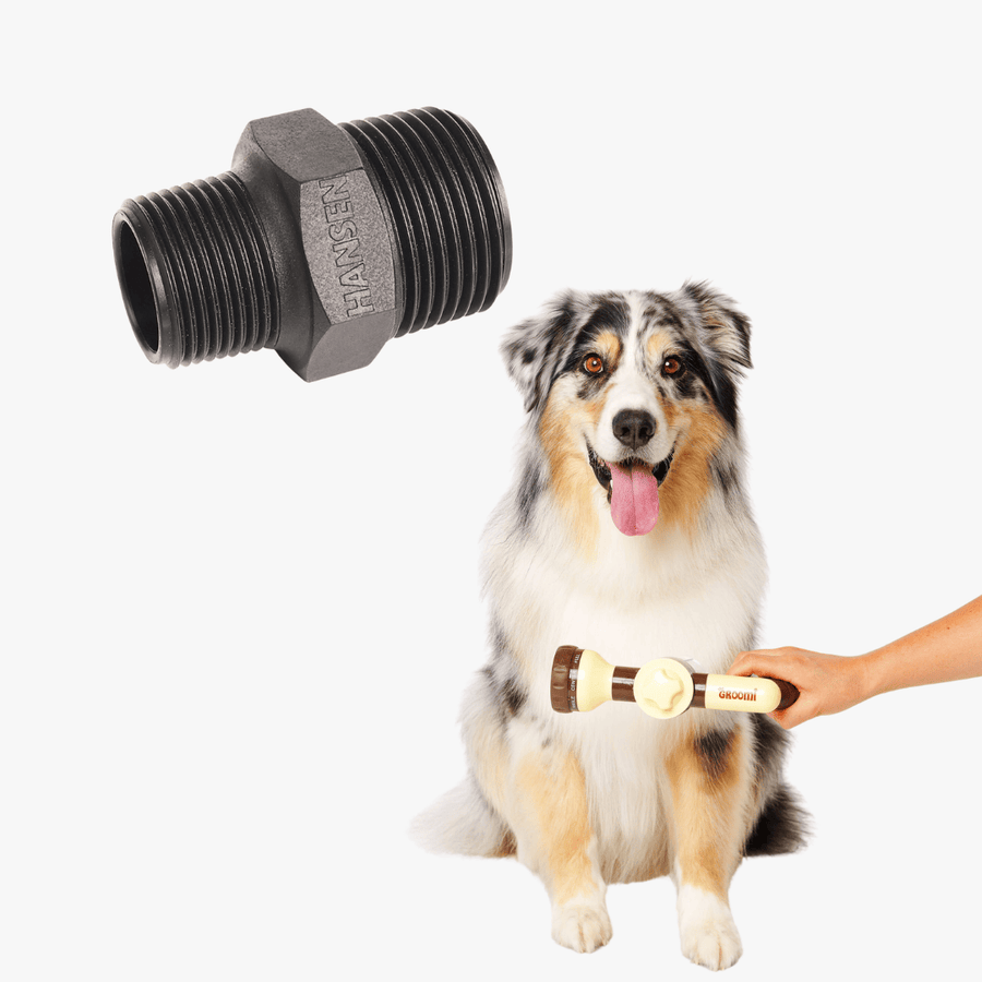 The Groomi: A Hydro Hound adapter connecting a pet bathing hose to an indoor shower, making it easy to give dogs a warm and comfortable bath.