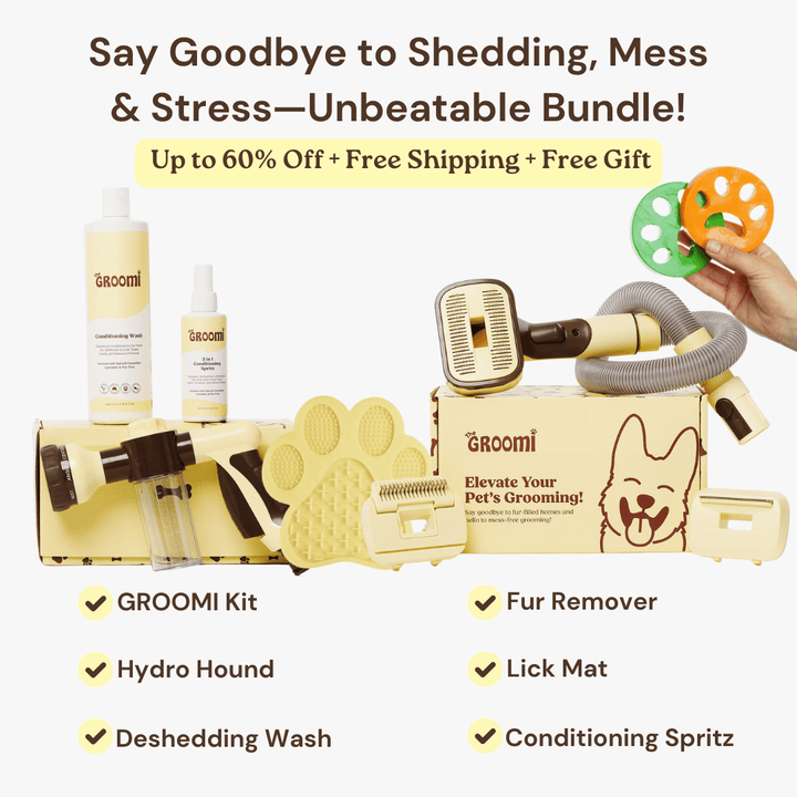 Discover the ultimate Groomi bundle! Includes the GROOMI Kit, Hydro Hound, Conditioning Wash, Spritz, Lick Mat. Enjoy up to 60% off, FREE shipping, and a bonus gift. This limited-time offer provides mess-free, quick, and gentle grooming suitable for all breeds. Vegan, organic, and designed to keep your pet calm and engaged. Shop now for professional results at home!