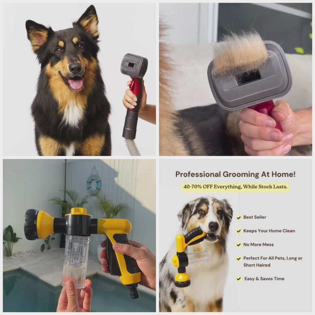 The GROOMI Kit is a quick, mess-free dog grooming brush that connects to vacuums. Ideal for all dog hair types, it features three heads: Slicker, De-Shed, and Rake. This self-cleaning tool captures loose fur efficiently, is allergen-friendly, and perfect for home use. Reduces shedding, saves time, and maintains a clean, fur-free home. Includes a universal vacuum adaptor and storage bag, making grooming simple and effective for any dog breed.