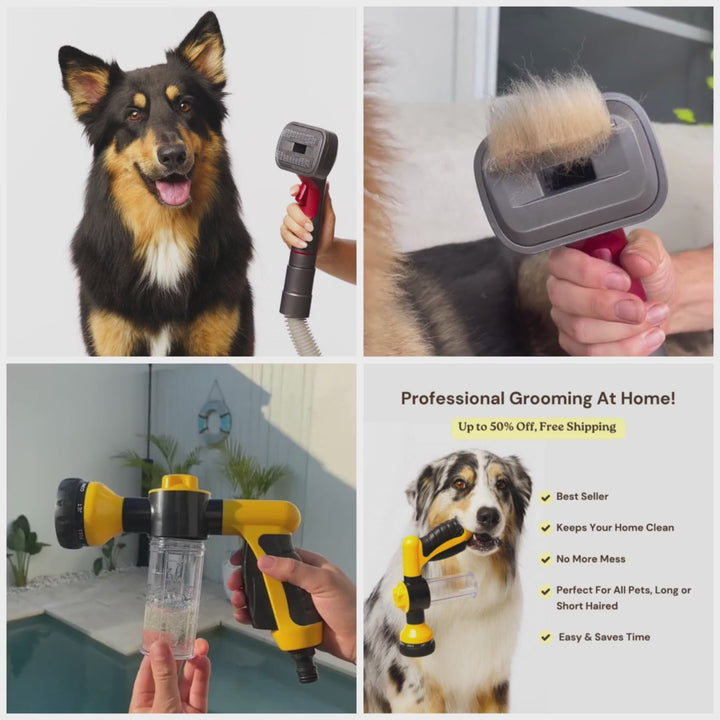 The GROOMI Kit is a quick, mess-free dog grooming brush that connects to vacuums. Ideal for all dog hair types, it features three heads: Slicker, De-Shed, and Rake. This self-cleaning tool captures loose fur efficiently, is allergen-friendly, and perfect for home use. Reduces shedding, saves time, and maintains a clean, fur-free home. Includes a universal vacuum adaptor and storage bag, making grooming simple and effective for any dog breed.